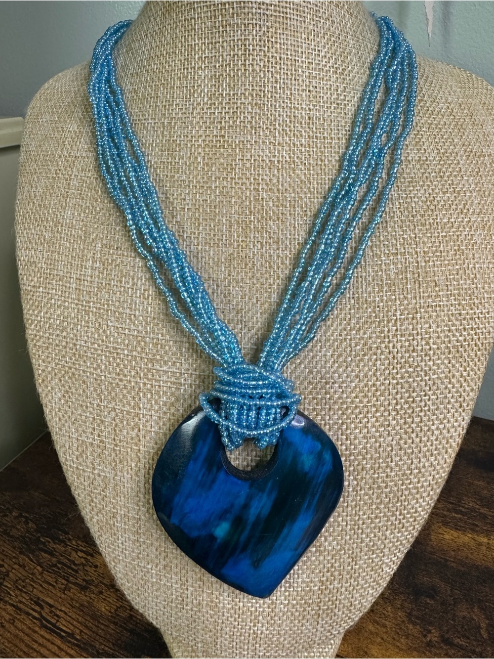 Vintage Blue Multi-Strand Seed Bead Necklace with Dark Blue Wood Pendant